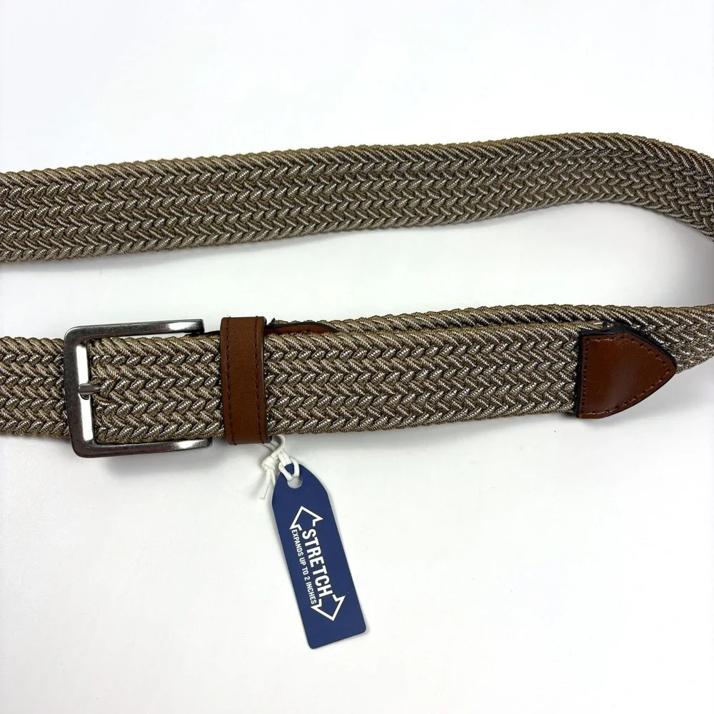 NWT Tommy Bahama 2 Tone Stretch Webbed Belt Mens Sz XL 42-44 Khaki Genuine Lthr